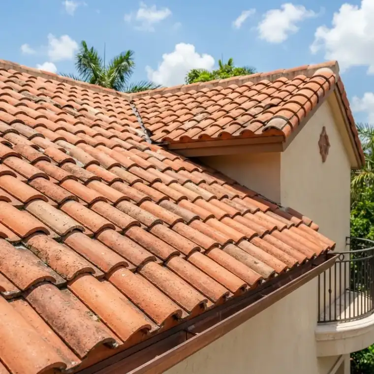 Close-up of a classic clay barrel tile roof